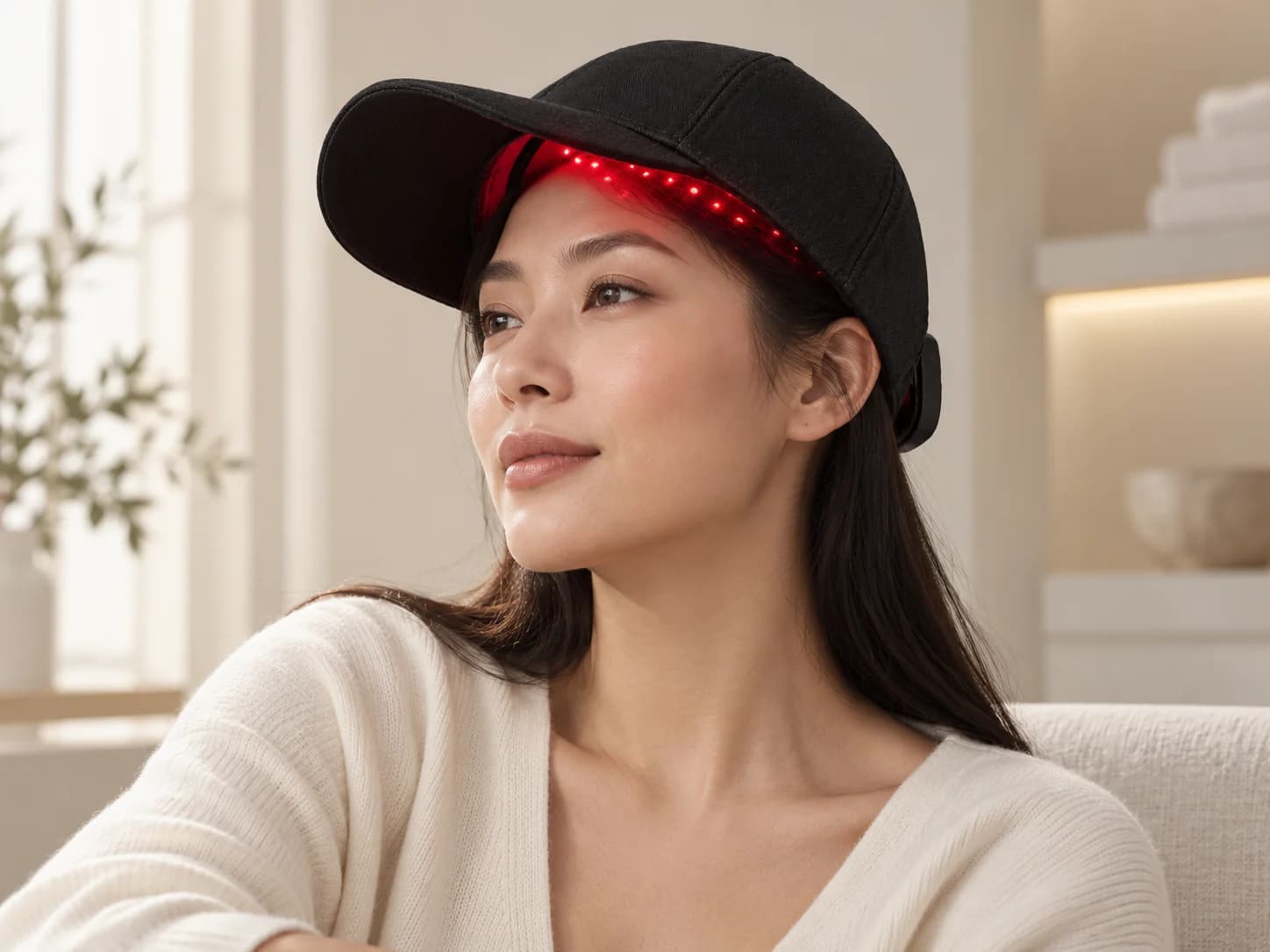 An adult wearing the BaiChang DP03 red-light cap in a warm, sunlit interior