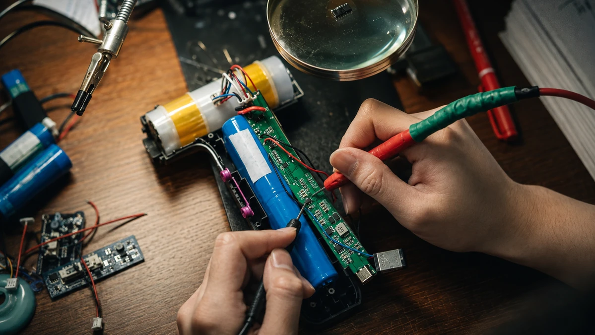 A BaiChang engineer testing a populated circuit board at an electronics workbench.