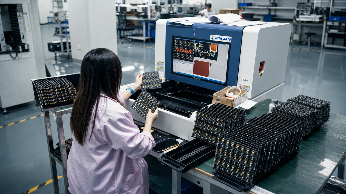 An operator checking production quality with automated inspection equipment.