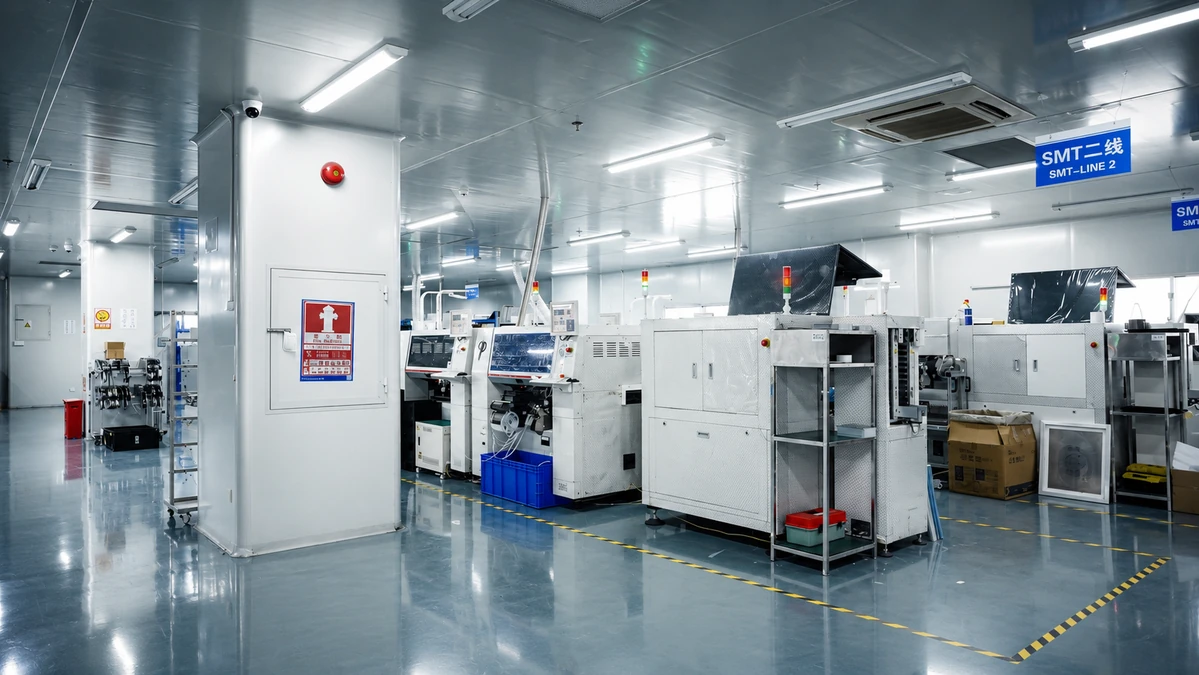 Automated SMT production equipment inside BaiChang's electronics workshop.